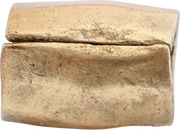 VIKING GILT BEAD, 9TH-11TH CENTURY AD.: 8.3mm length, about 1/3" . Hand formed from bronze, forged to faceted rounded section with the center swelled. Professionally refurbished with the 24karat gold overlay restored. Gift boxed with a cert