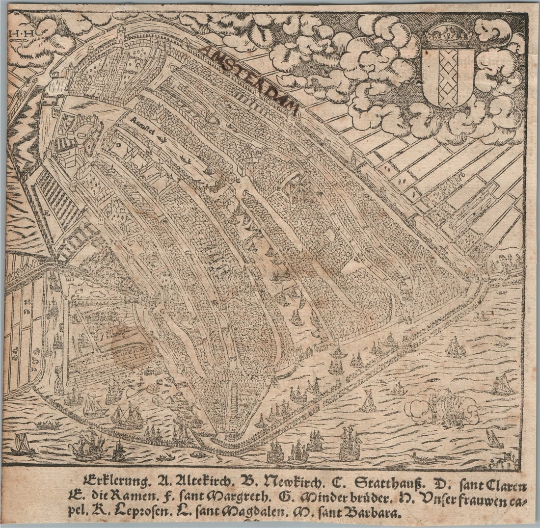 1572 MAP of AMSTERDAM NETHERLANDS from SEBASTIAN MUNSTER COSMOGRAPHIA antique (1 of 2)