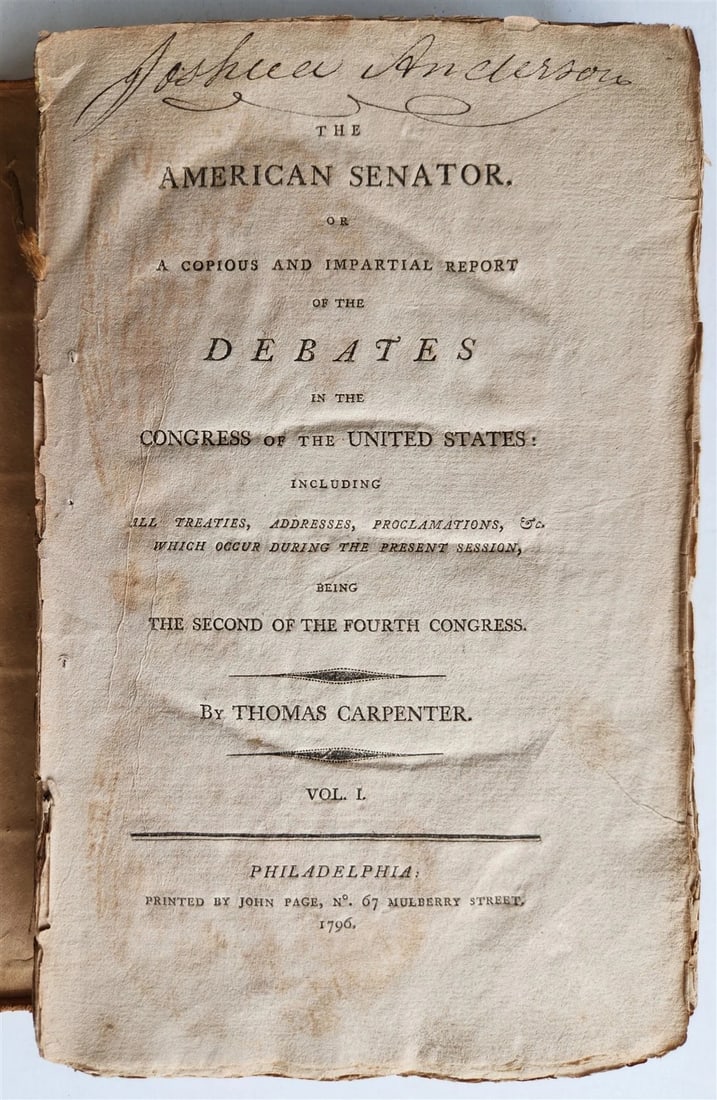 1796 AMERICAN SENATOR REPORT of DEBATES in CONGRESS of UNITED STATES antique (1 of 8)