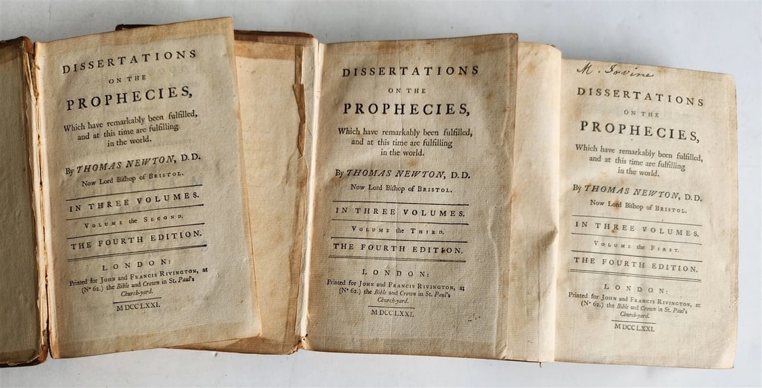 1771 THOMAS NEWTON Dissertations on the Prophecies 3 VOLUMES SET antique 18th C. (1 of 6)