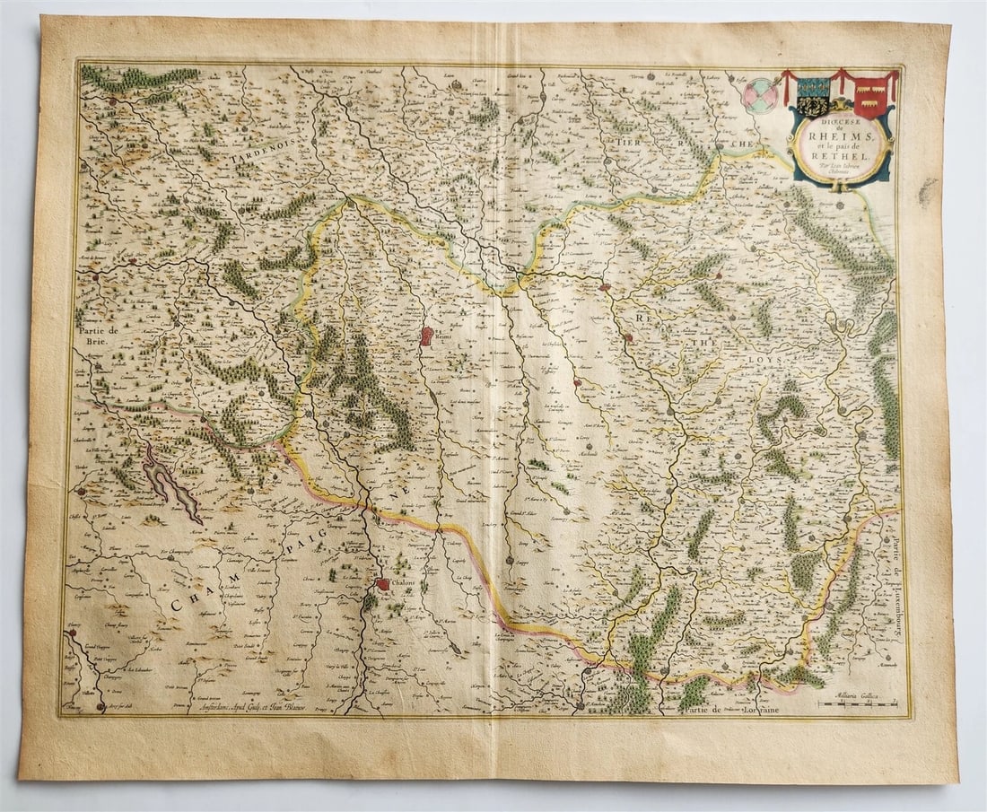 1640 MAP of RHEIMS RETHEL FRANCE by WILLEM BLAEU antique AUTHENTIC hand colored (1 of 3)