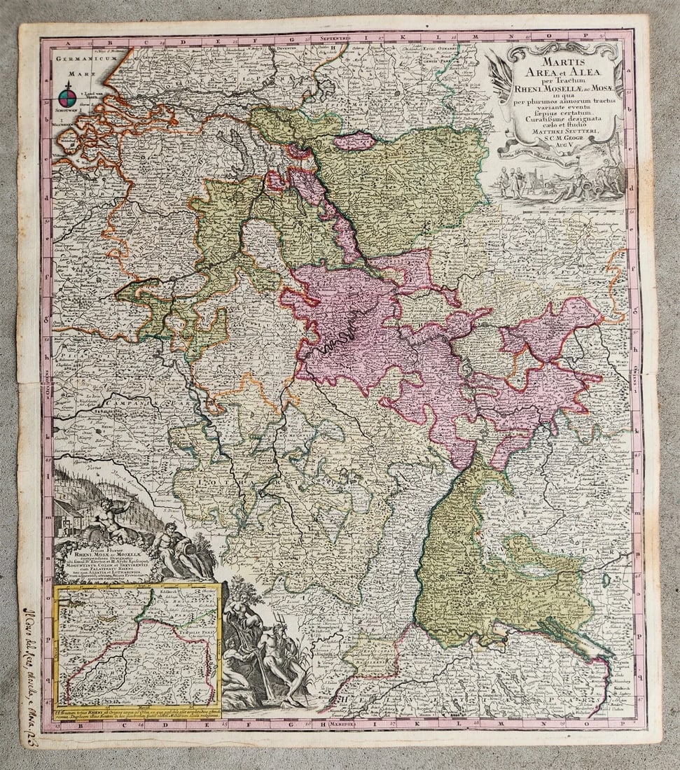 1740s GERMANY & FRANCE antique MAP MARTIS AREA et ALEA RHENI MOSSELAE ac MOSAE: Title: 1740s GERMANY & FRANCE antique MAP MARTIS AREA et ALEA RHENI MOSSELAE ac MOSAE Description: GERMANY & FRANCE MARTIS AREA et ALEA per Tractum RHENI MOSSELAE ac MOSAE by Matthaei Seutteri (Mattha