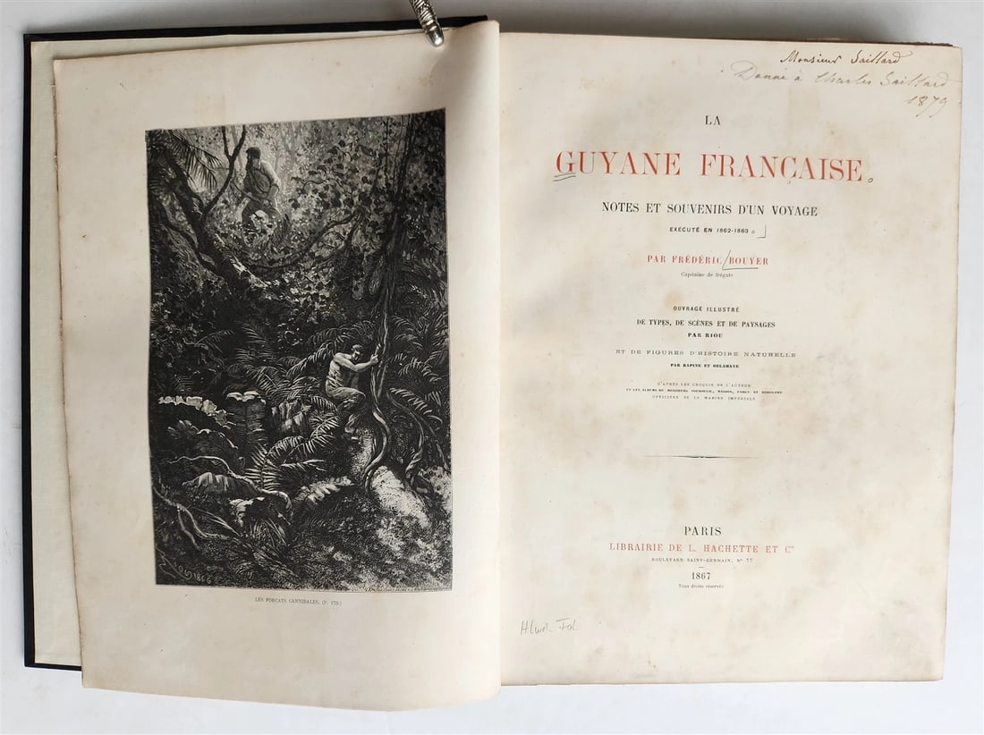 1867 FRENCH GUYANA VOYAGE ILUSTRATED antique FOLIO: Title: 1867 FRENCH GUYANA VOYAGE ILUSTRATED antique FOLIO Description: LA GUYANE FRANCAISE notes et souvenirs d'un voyage execute en 1862-1863 by Frederic Bouyer Paris; 1867 A detailed guide to Cayenn