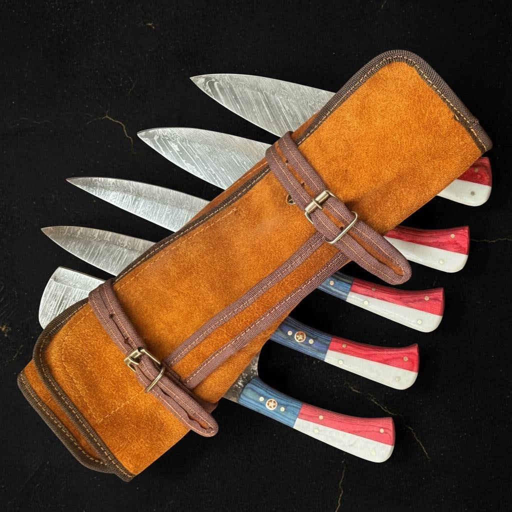 Handmade Damascus Steel Chef Knife Set 5pc, Texas Flag Pakka Wood, Leather Sheath - 2