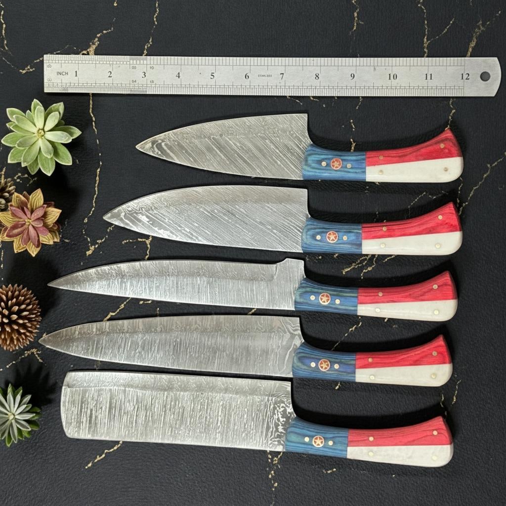 Handmade Damascus Steel Chef Knife Set 5pc, Texas Flag Pakka Wood, Leather Sheath - 4