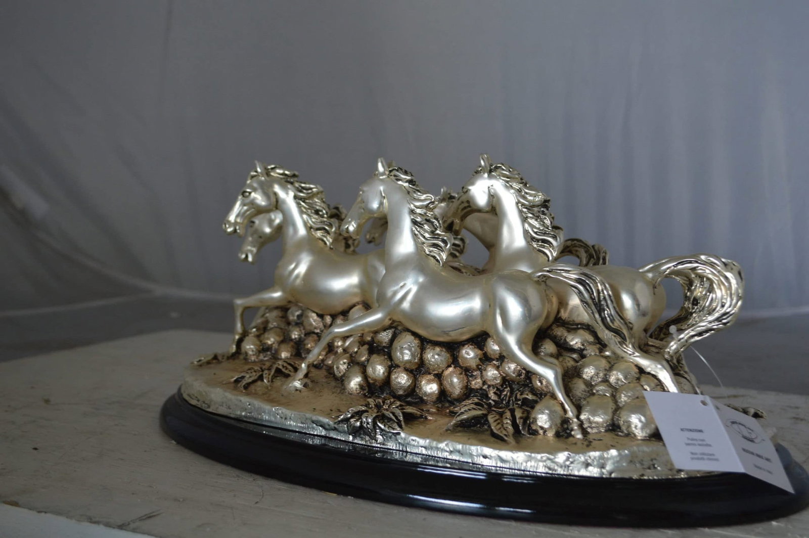 Charging horses resin statue on wood base - Size: 17"L x 10"W x 5"H. - 10