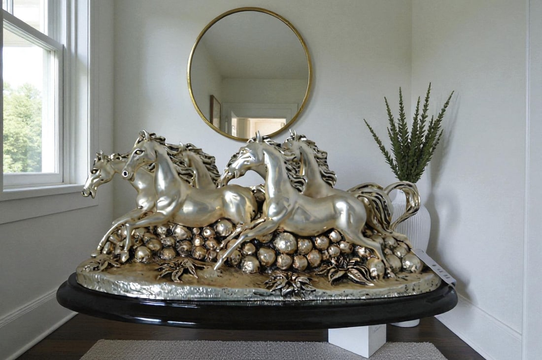 Charging horses resin statue on wood base - Size: 17"L x 10"W x 5"H. - 2