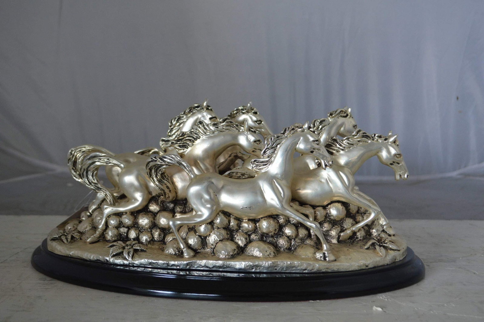 Charging horses resin statue on wood base - Size: 17"L x 10"W x 5"H. - 4
