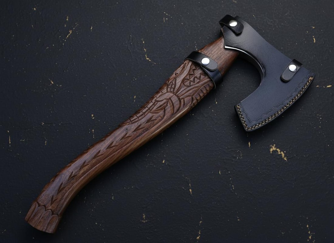 Hand Forged Viking Axe 21" Carbon Steel Blade with Engraved Dragon Wood Handle - 10