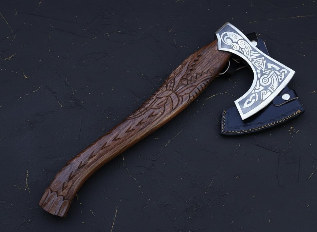 Hand Forged Viking Axe 21" Carbon Steel Blade with Engraved Dragon Wood Handle: Title:Hand Forged Viking Axe 21" Carbon Steel Blade with Engraved Dragon Wood HandleDescription:This listing is for a hand-forged, Viking-style tomahawk axe. It features a durable carbon steel blade