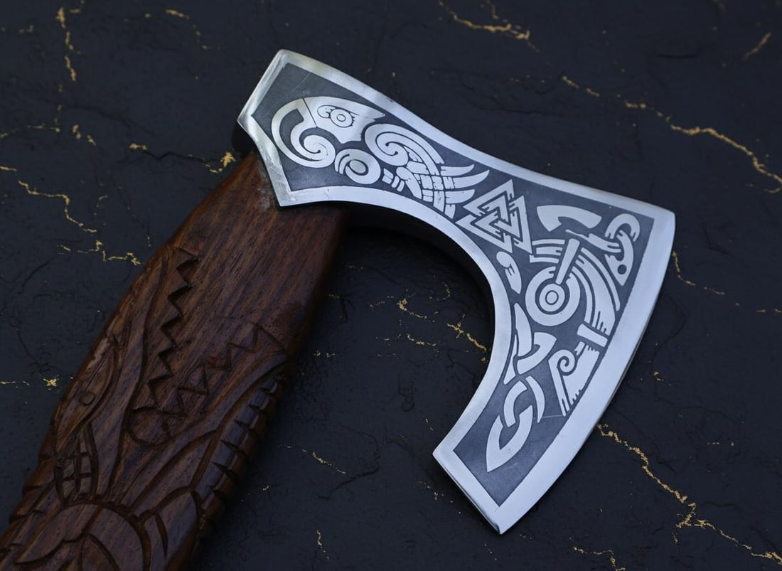 Hand Forged Viking Axe 21" Carbon Steel Blade with Engraved Dragon Wood Handle - 2