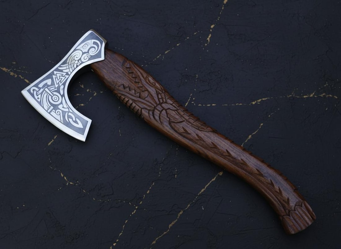 Hand Forged Viking Axe 21" Carbon Steel Blade with Engraved Dragon Wood Handle - 4