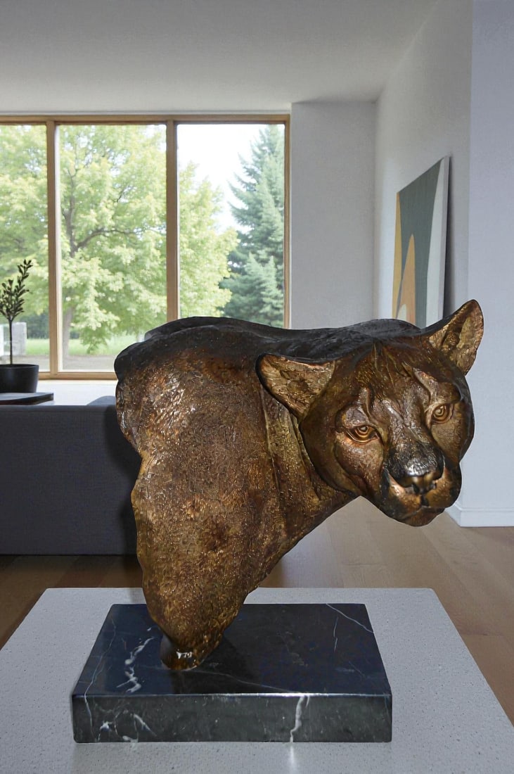 Mountain Lion Head bronze statue on a marble base - Size: 18"L x 15"W x 21"H. - 3