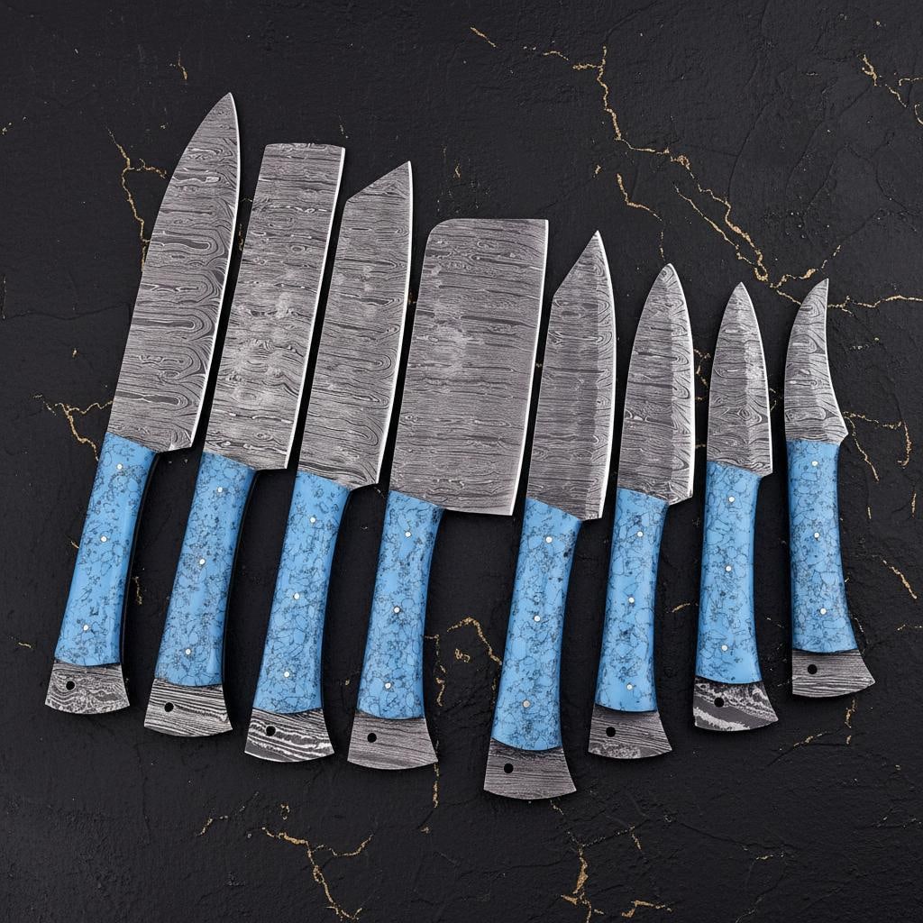 Hammered Damascus Steel 8pc Kitchen Knife Set with Turquoise Resin Handles and Leather Roll Bag: Title:Hammered Damascus Steel 8pc Kitchen Knife Set with Turquoise Resin Handles and Leather Roll BagDescription:This listing is for a complete 8 piece kitchen knife set, meticulously hand forged