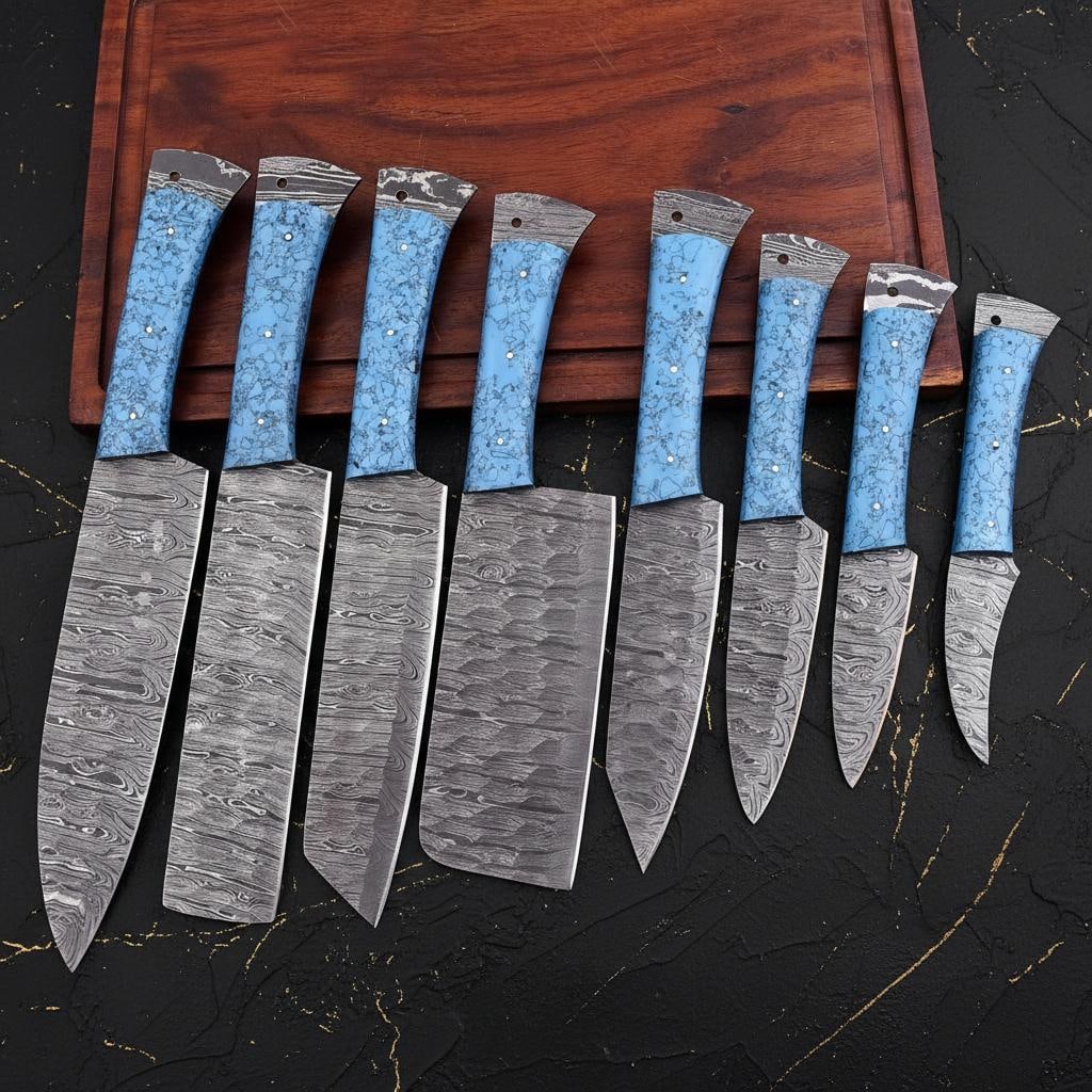 Hammered Damascus Steel 8pc Kitchen Knife Set with Turquoise Resin Handles and Leather Roll Bag - 3