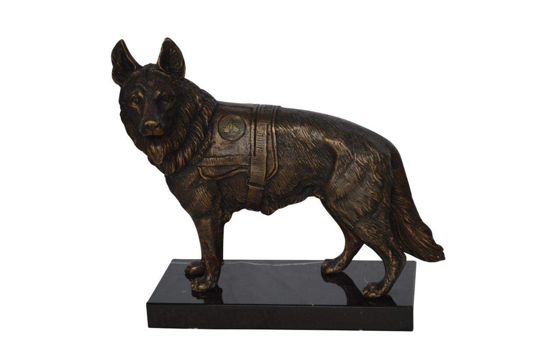 Service Dog standing - Size: 12"L x 5"W x 12"H.: Title:Service Dog standing - Size: 12"L x 5"W x 12"H.Description:This very detailed German Shepherd Service Dog bronze statue mounted on marble, reflects the wonderful qualities of these beautiful