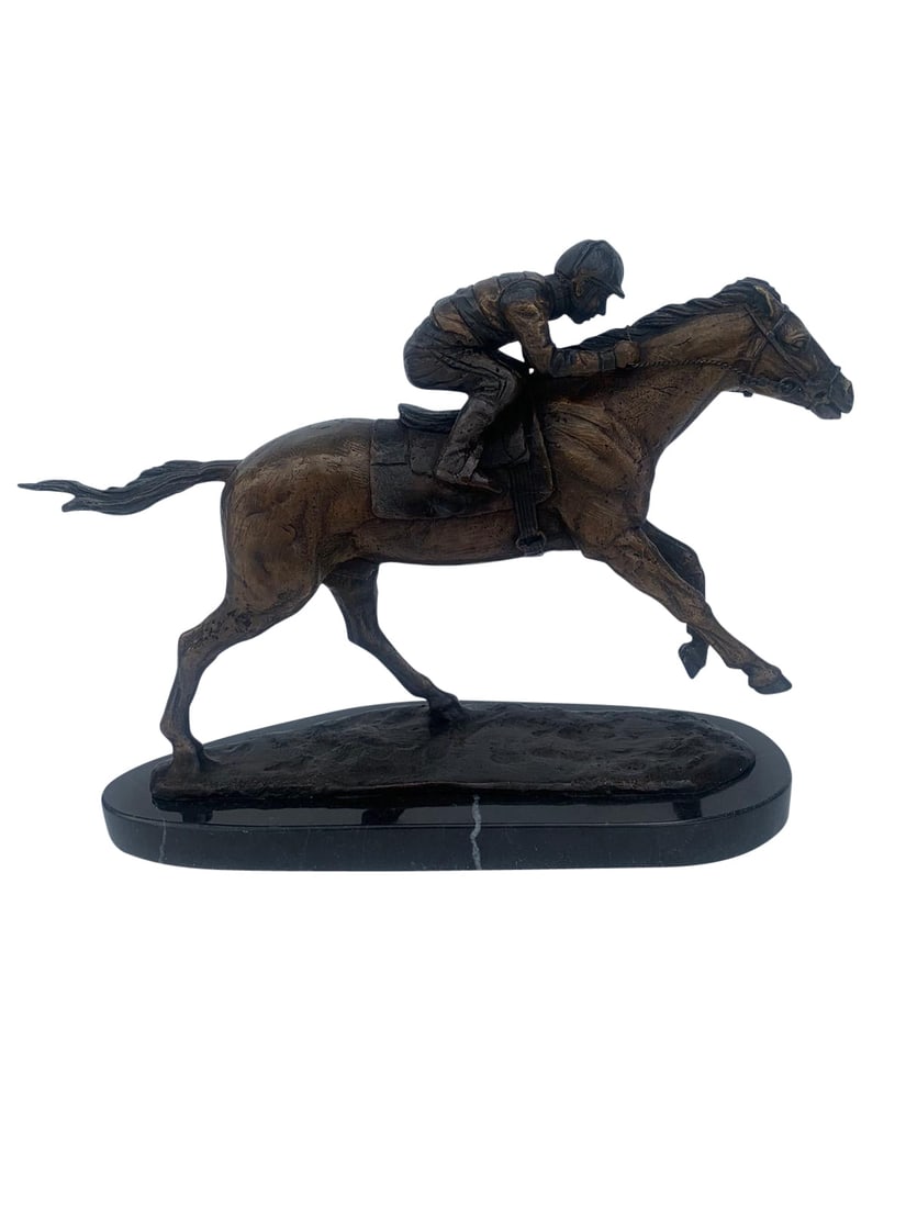 Jockey on horse two tones Bronze Statue - Size: 11"L x 4"W x 8"H. - 2