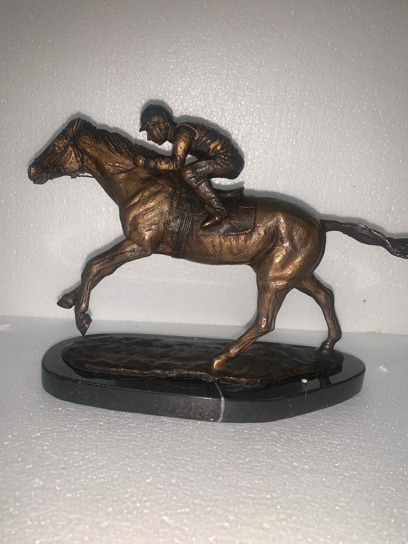 Jockey on horse two tones Bronze Statue - Size: 11"L x 4"W x 8"H. - 3