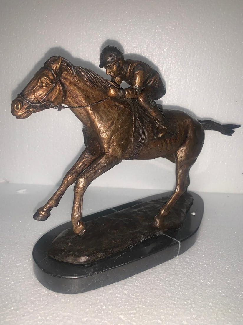 Jockey on horse two tones Bronze Statue - Size: 11"L x 4"W x 8"H. - 4