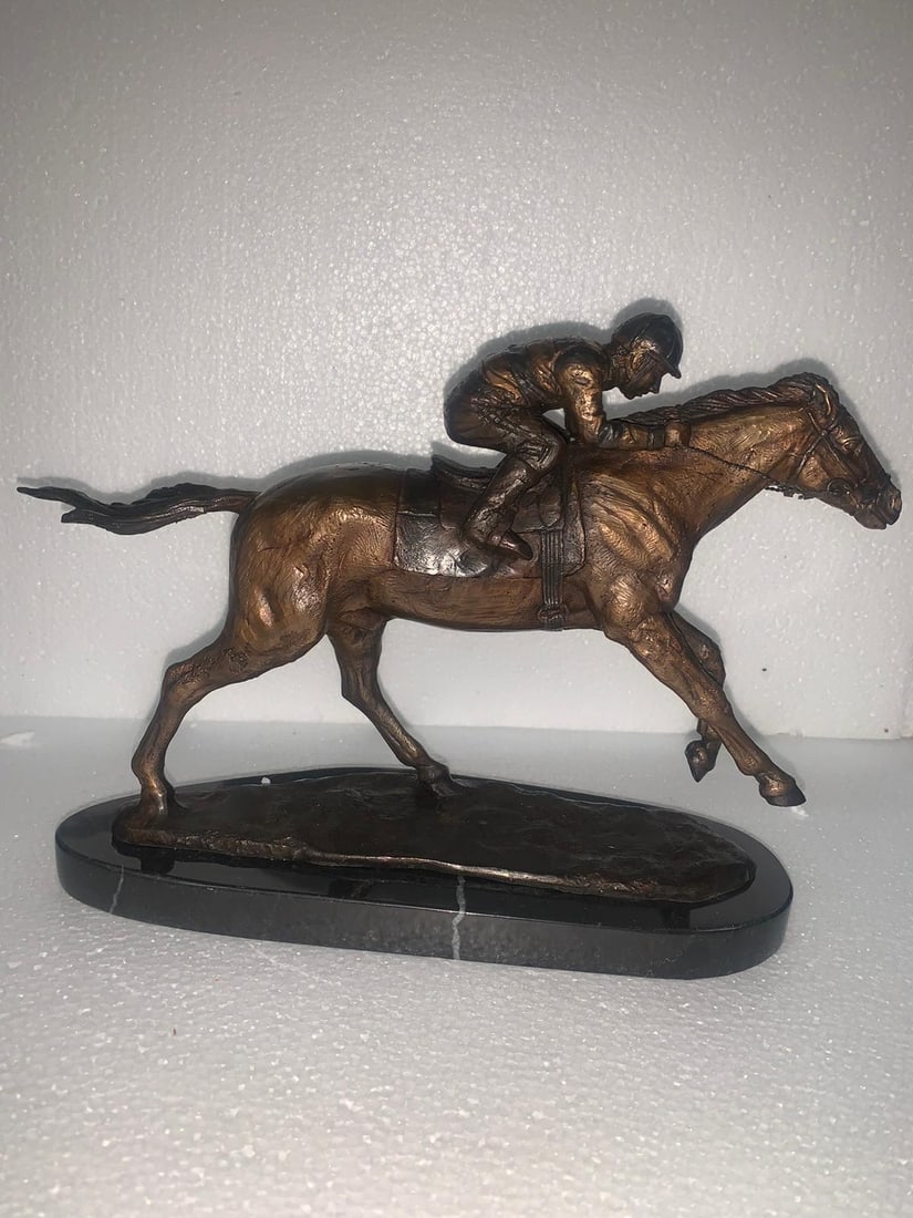 Jockey on horse two tones Bronze Statue - Size: 11"L x 4"W x 8"H. - 5