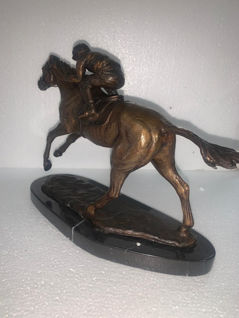 Jockey on horse two tones Bronze Statue - Size: 11"L x 4"W x 8"H. - 8