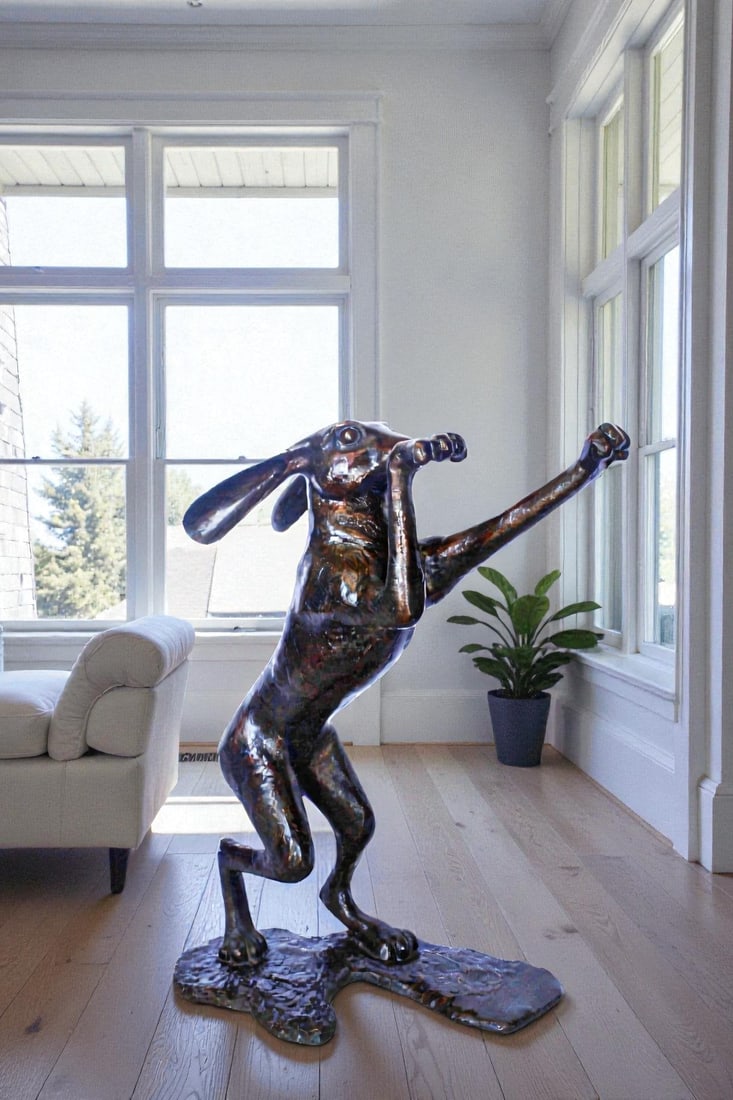 Leaping jackrabbit bronze statue - Size: 21"L x 13"W x 24"H - 2