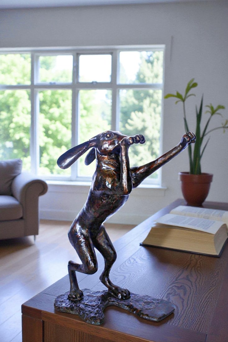 Leaping jackrabbit bronze statue - Size: 21"L x 13"W x 24"H - 3