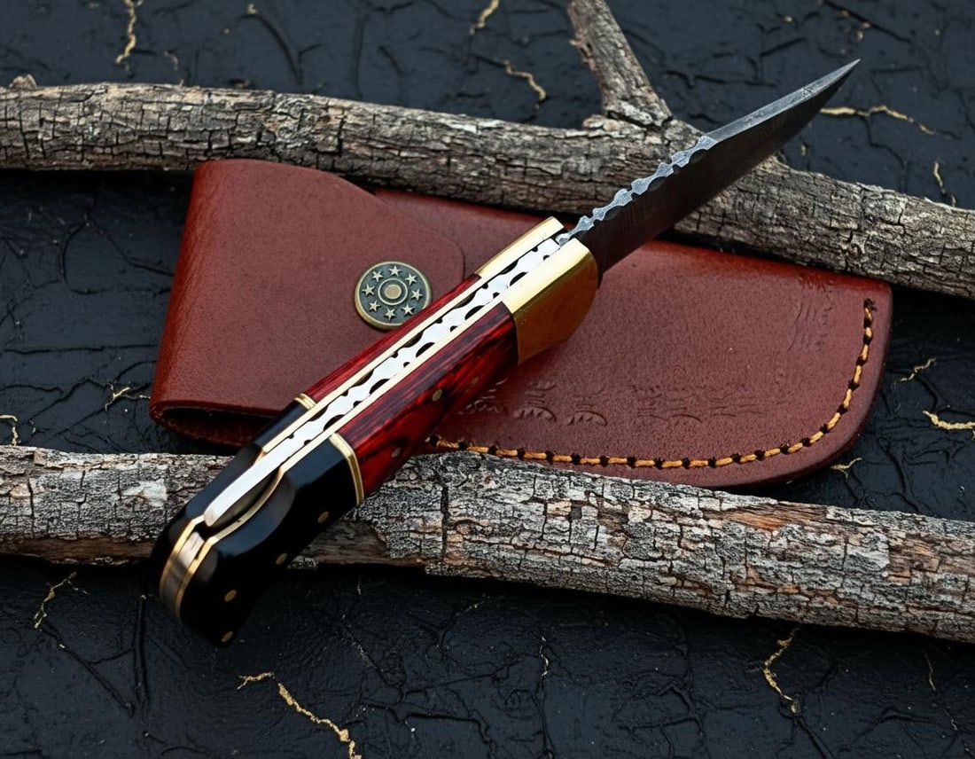 Hand Forged Damascus Steel Pocket Knife with Black Horn, Red Wood & Brass Accents - 6