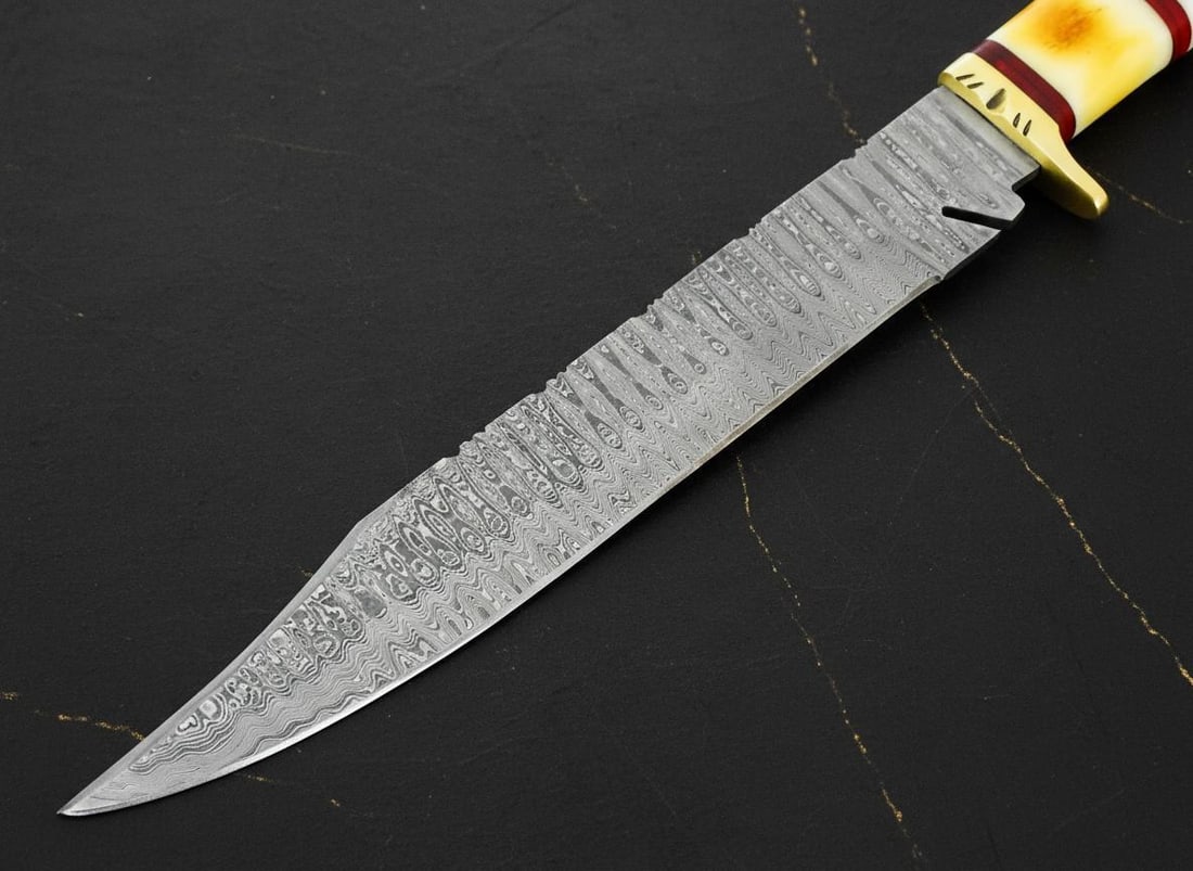 Burnt Camel Bone Handle Bowie Knife with 15" Ladder Damascus Steel Hunting Blade - 4