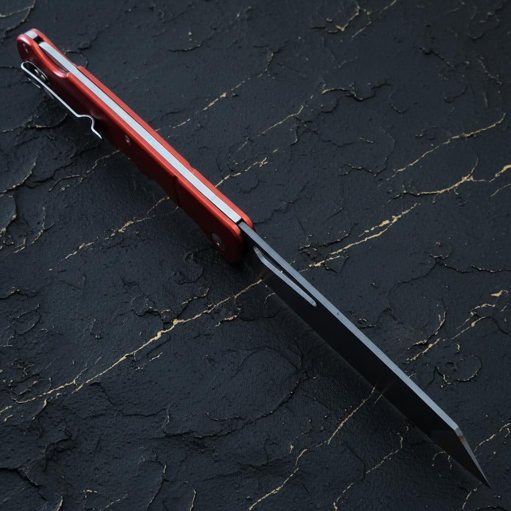 Damascus Steel Santoku Lockback Folding Knife, Rough Ryder Sous Chef Red Aluminum - 4