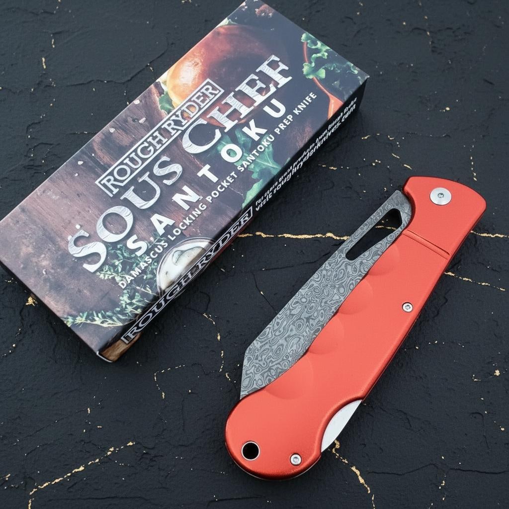 Damascus Steel Santoku Lockback Folding Knife, Rough Ryder Sous Chef Red Aluminum - 8