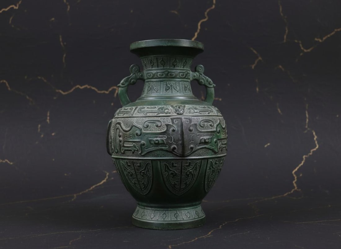 Heavy Dragon Handle Vase, Detailed Chinese Metal Art, Greenish Bronze Finish - 2