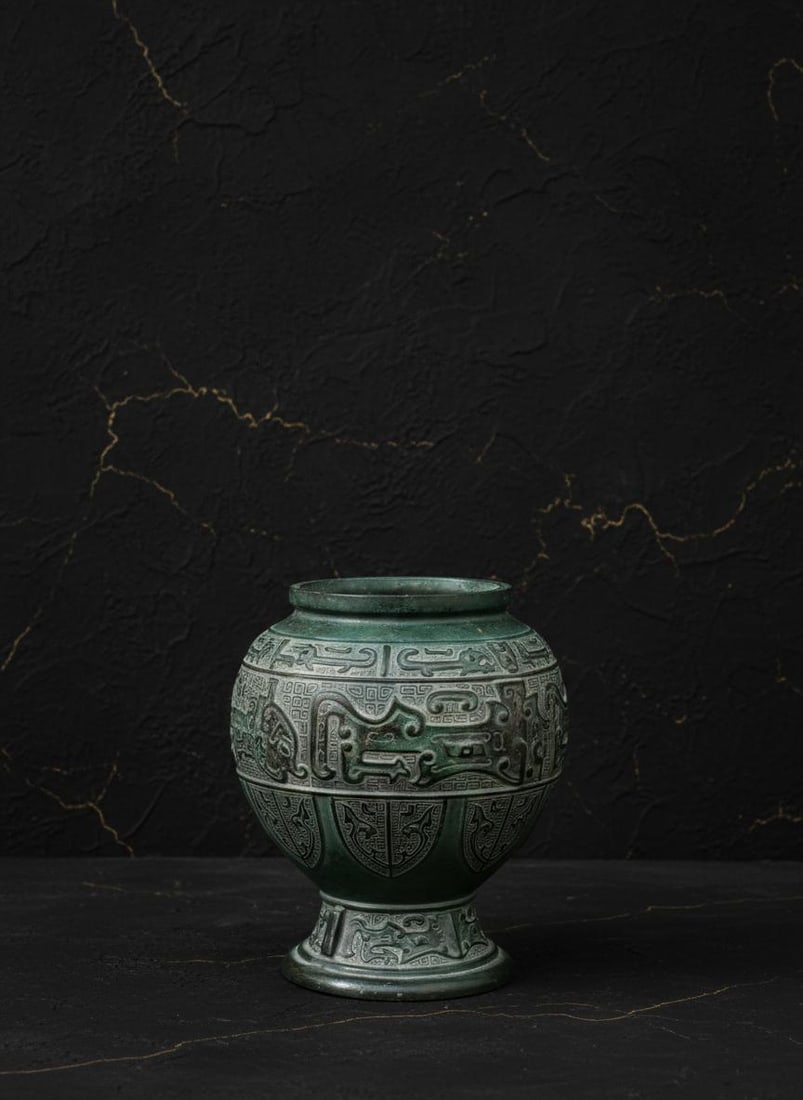 Heavy Dragon Handle Vase, Detailed Chinese Metal Art, Greenish Bronze Finish - 4