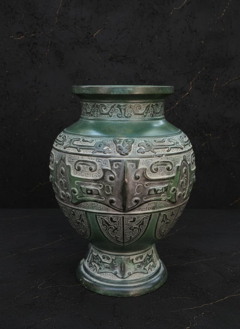 Heavy Dragon Handle Vase, Detailed Chinese Metal Art, Greenish Bronze Finish - 6