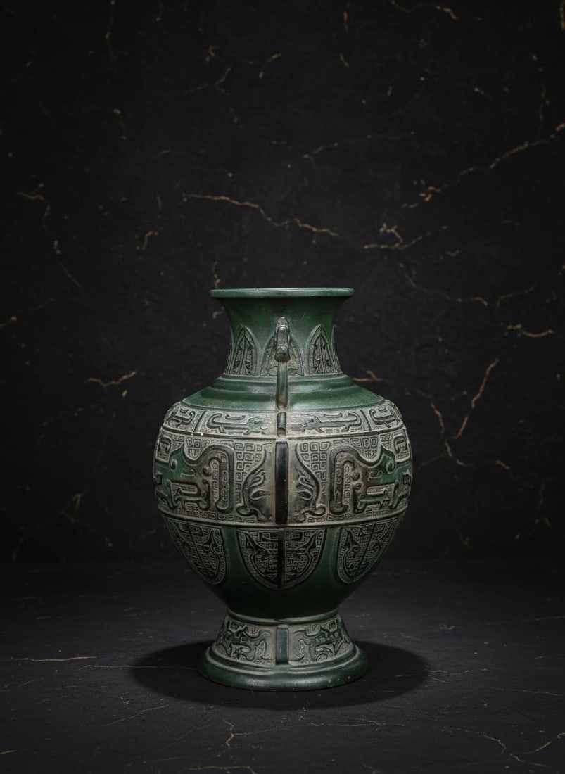 Heavy Dragon Handle Vase, Detailed Chinese Metal Art, Greenish Bronze Finish - 7