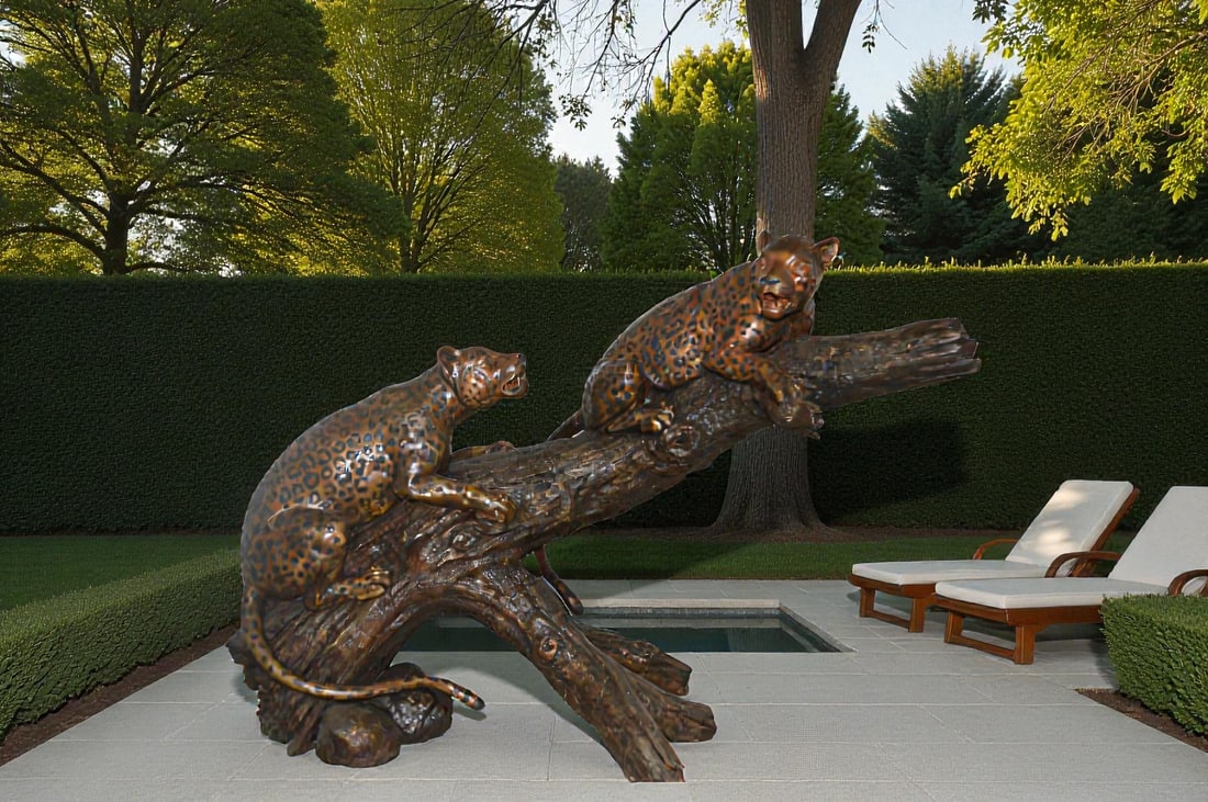 Two Jaguars On A Tree Bronze Statue - Size: 66"L x 34"W x 44"H. - 2