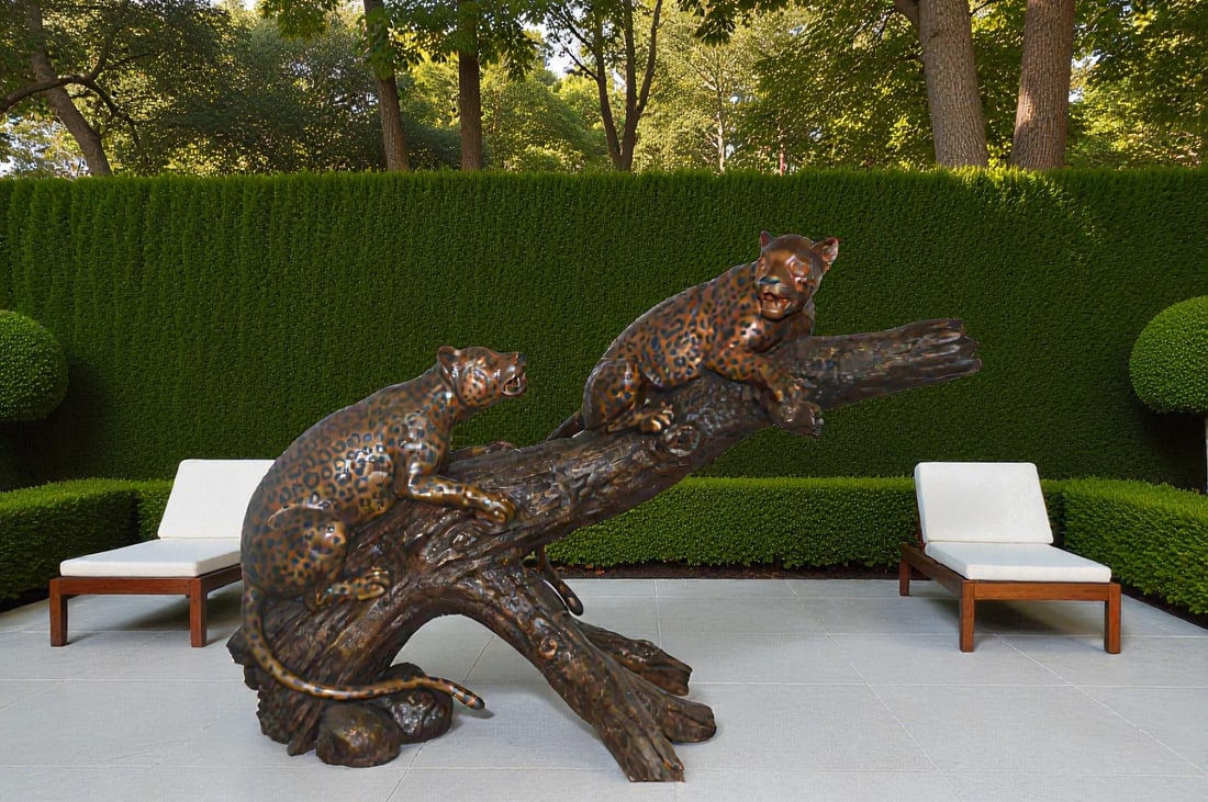 Two Jaguars On A Tree Bronze Statue - Size: 66"L x 34"W x 44"H. - 3