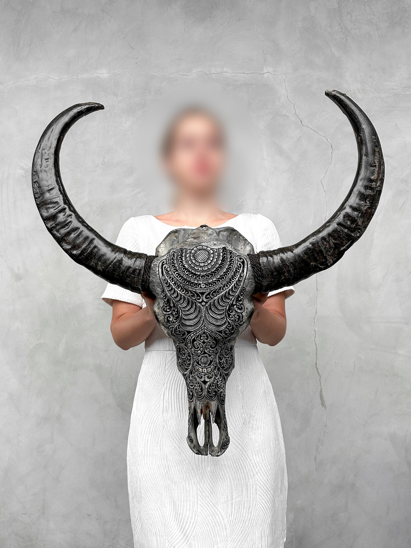 Carved grey water buffalo skull - Badong motif: Title:Carved grey water buffalo skull - Badong motif,li>Maker:Unknown Origin:Indonesia Date/Period:2026 Materials:Bubalus Bubalis, Bone, Horn Dimensions:Height: 76 cm / 29.9 inches Width: 71 cm / 27.9