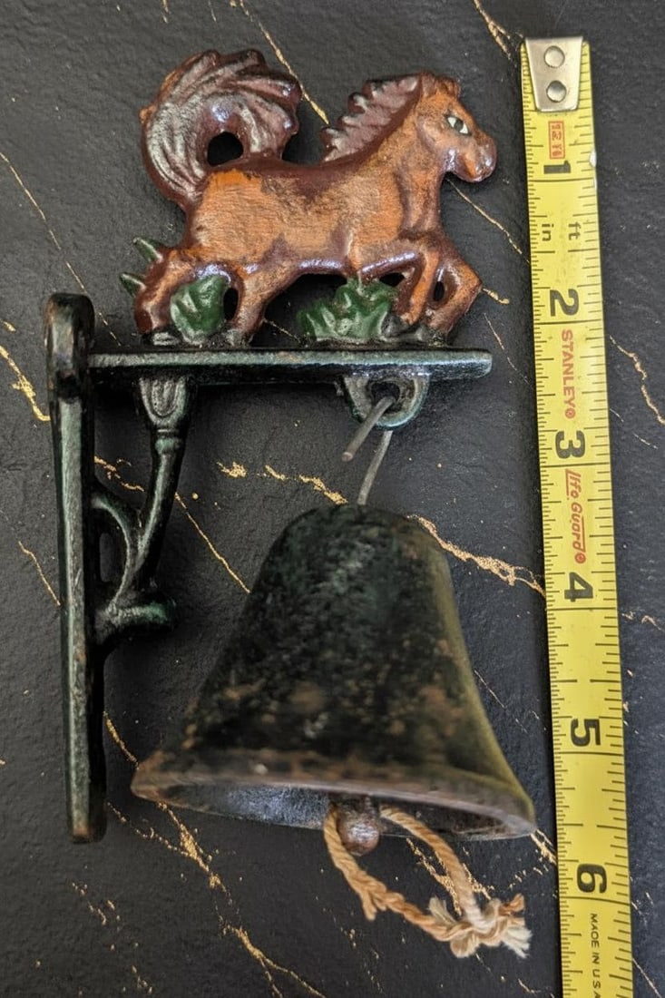 Vintage Cast Iron Dinner Bell with 3D Painted Horse Figurine Wall Mount 5" Tall - 3