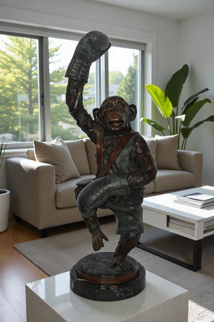 Boxing Monkey Bronze Statue - Humorous Bronze Monkey Sculpture - Size: 10"L x 12"W x 33"H. - 3