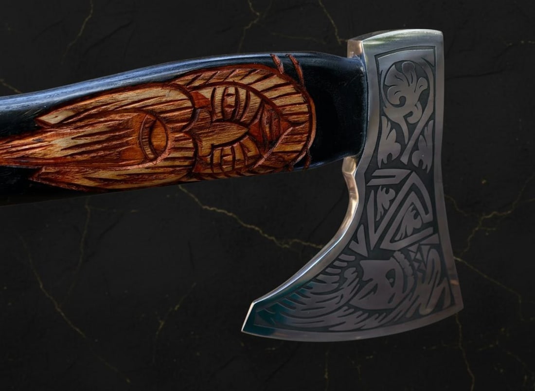 Hand Forged Carbon Steel Viking Axe with Engraved Ash Wood Handle & Sheath - 9