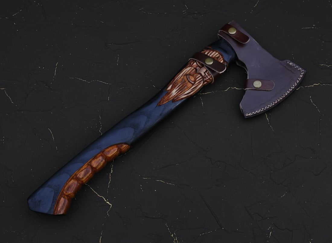 Hand Forged Carbon Steel Viking Axe with Engraved Ash Wood Handle & Sheath - 10