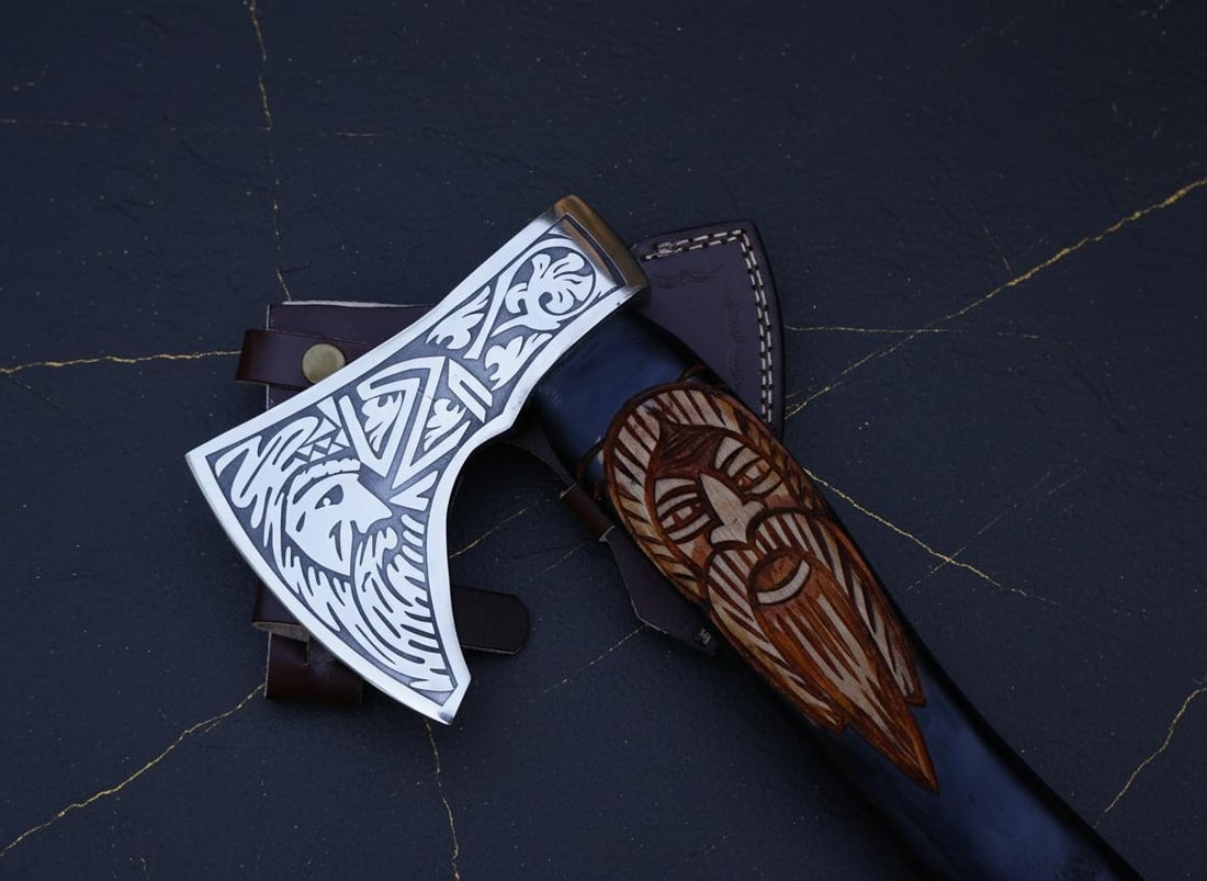 Hand Forged Carbon Steel Viking Axe with Engraved Ash Wood Handle & Sheath - 4