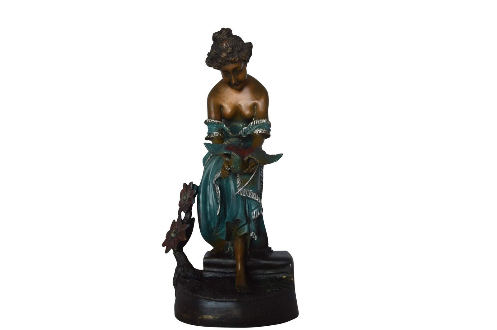 Lady holding a bird bronze statue - Size: 10"L x 9"W x 20"H.: Title:Lady holding a bird bronze statue - Size: 10"L x 9"W x 20"H.Description:This half bare woman is a symbol of grace as she makes her way down a graceful forgotten path. The bronze statue uses