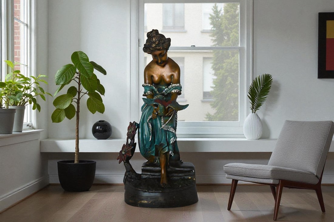 Lady holding a bird bronze statue - Size: 10"L x 9"W x 20"H. - 3