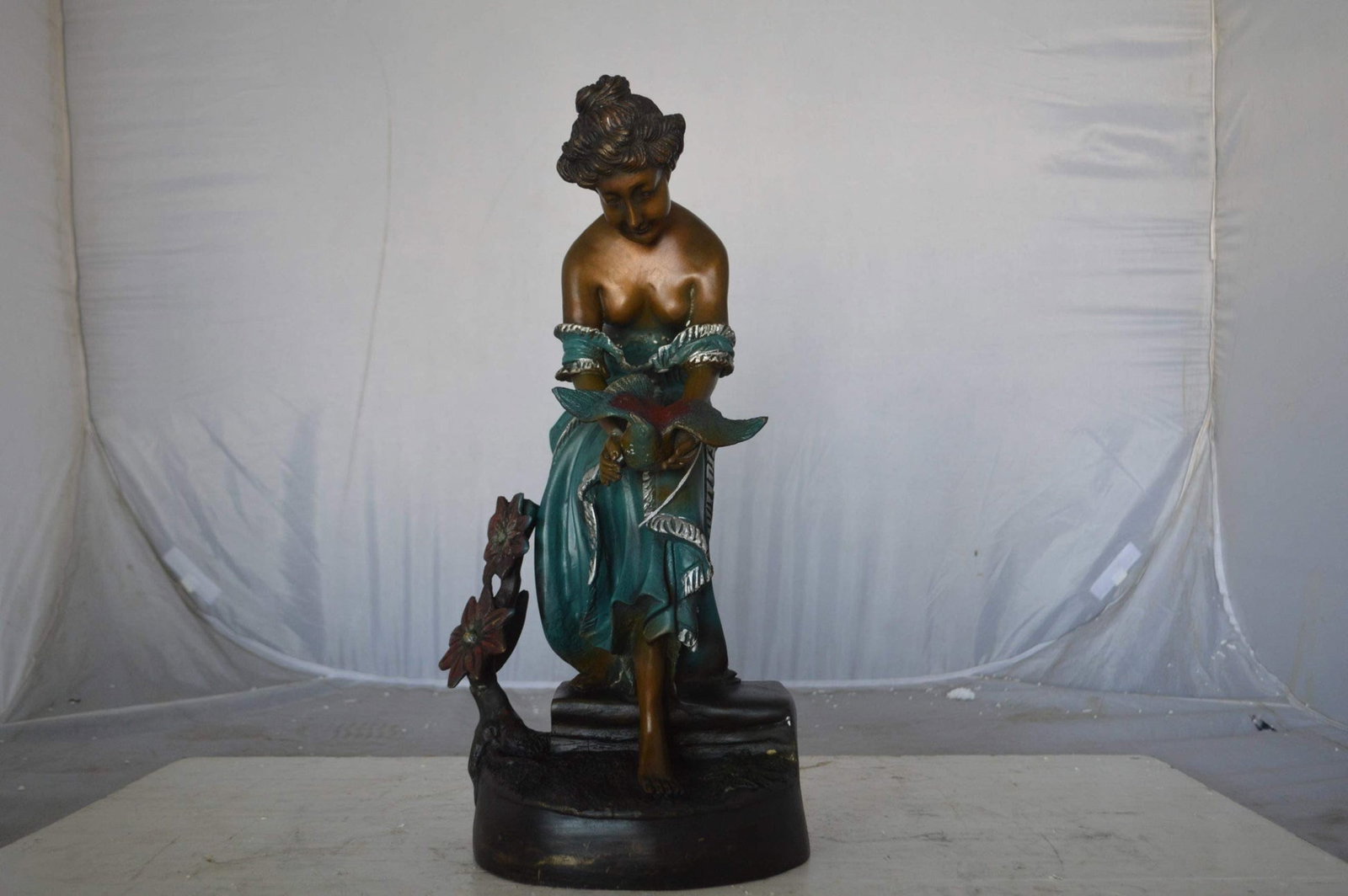 Lady holding a bird bronze statue - Size: 10"L x 9"W x 20"H. - 4