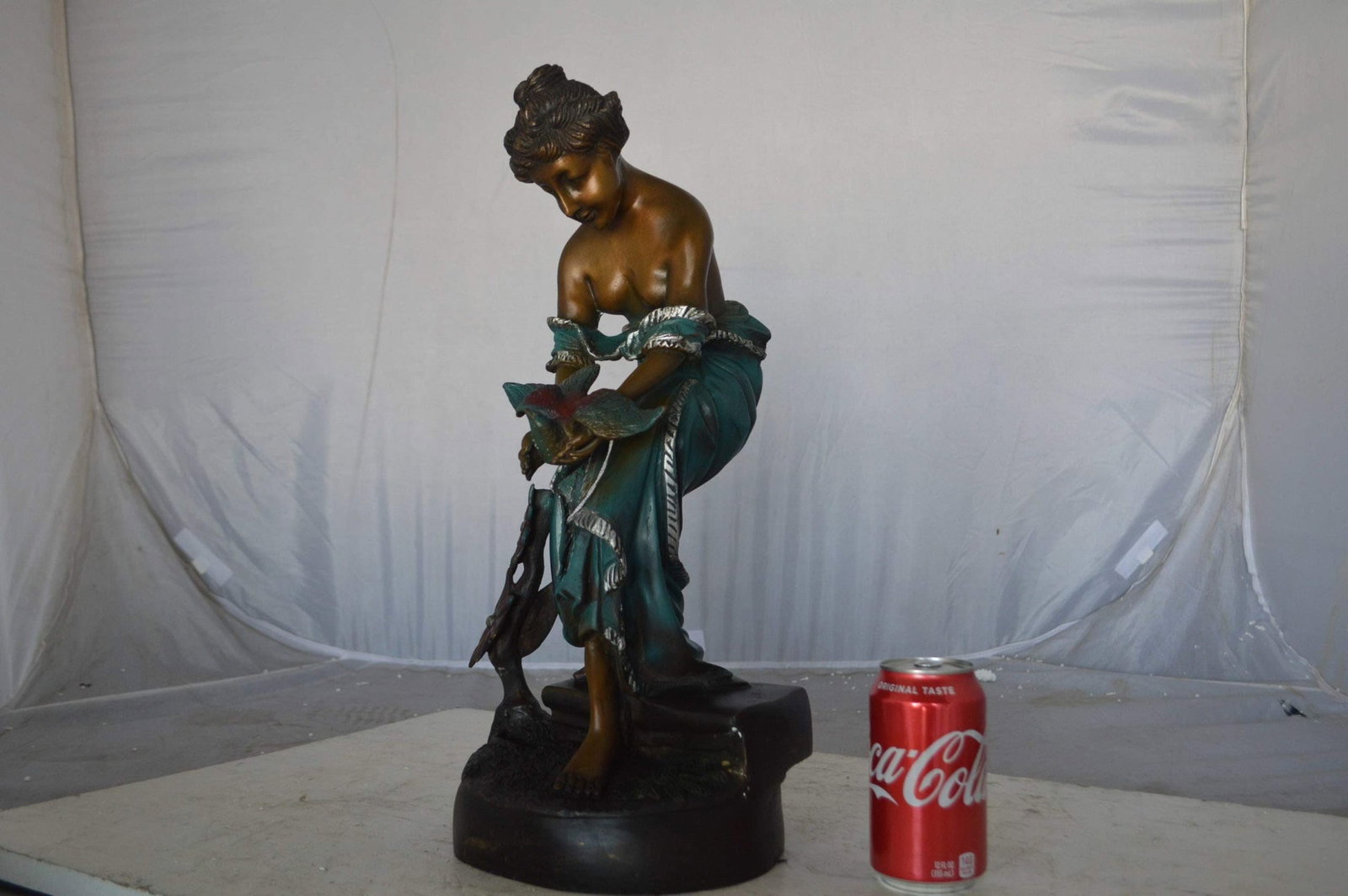 Lady holding a bird bronze statue - Size: 10"L x 9"W x 20"H. - 5