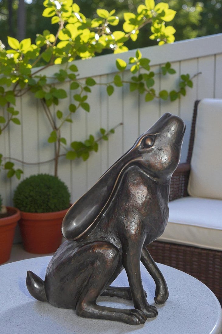 Rabbit Gazing Up Bronze Statue - Size: 8"L x 14"W x 16"H. - 2