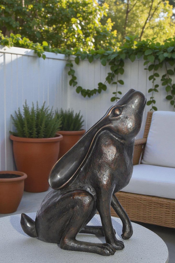 Rabbit Gazing Up Bronze Statue - Size: 8"L x 14"W x 16"H. - 3