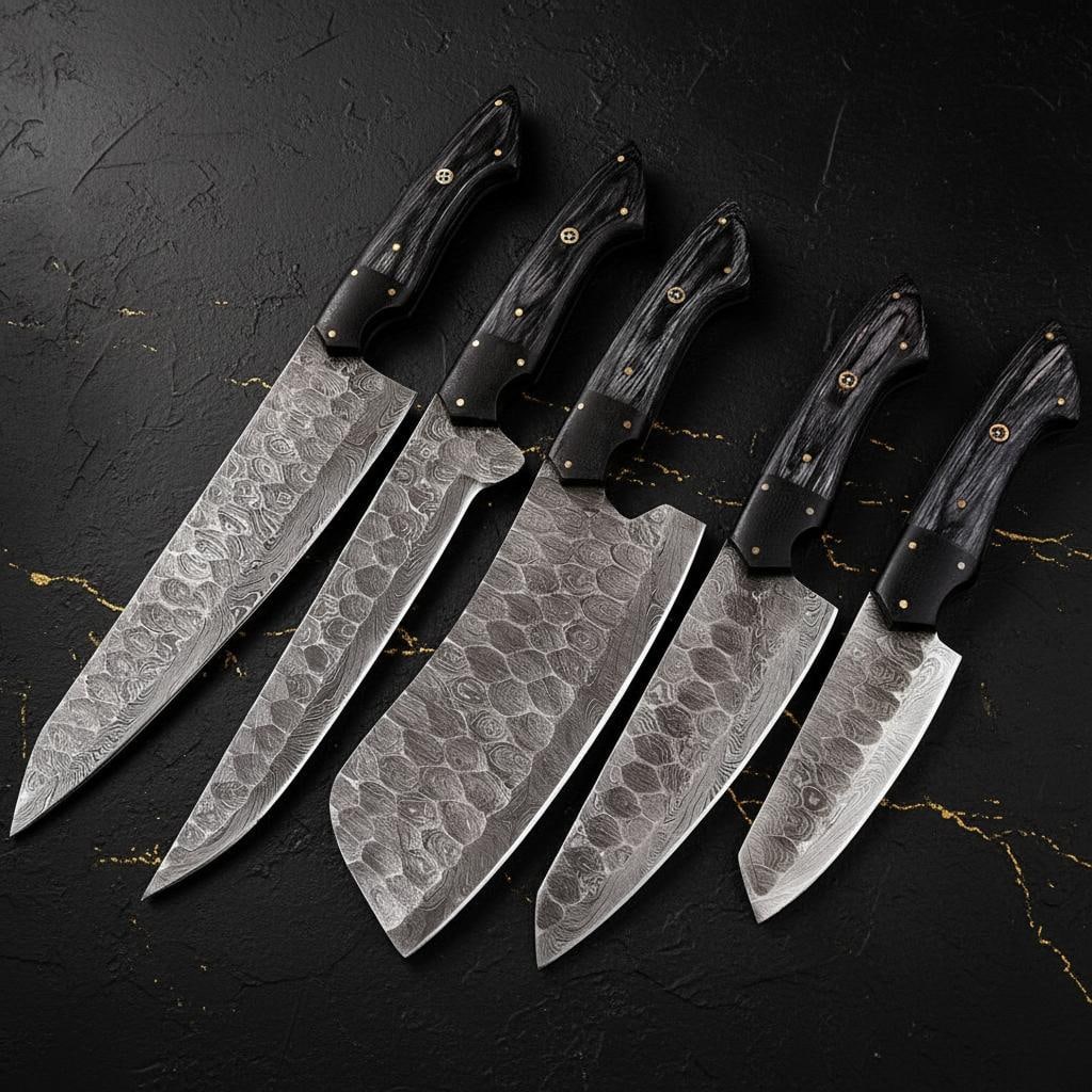 Handmade 5-Piece Damascus Steel Chef Knife Set Kitchen Knives with Leather Sheath: Title:Handmade 5-Piece Damascus Steel Chef Knife Set Kitchen Knives with Leather SheathDescription:This is a custom handmade 5-piece kitchen knife set, featuring blades forged from high-quality